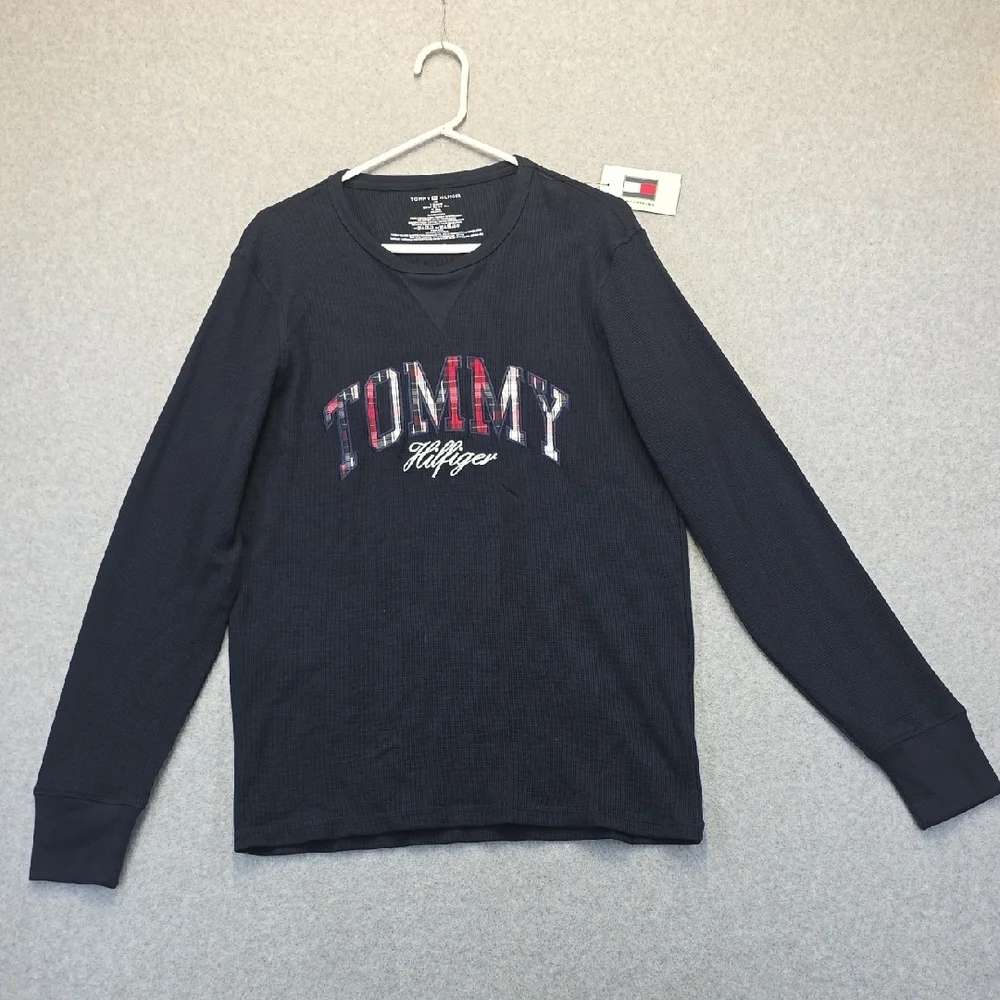 Tommy Hilfiger Navy Waffle Knit Logo Long Sleeve Shirt Men’s Large NWT